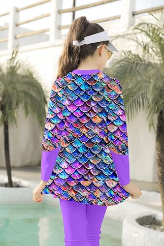 Image of Girls Long Sleeve Rashguard Half Zip Swimsuits UPF 50+ Two Piece Swim Sets with Hairband 5-12Y | Two Piece Swim Sets with Hairband