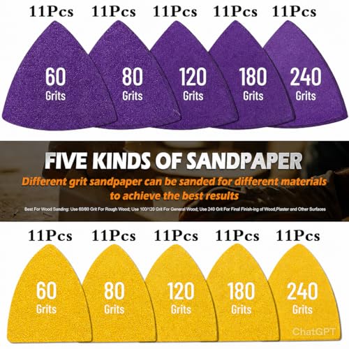 Image of Oscillating Tool Sanding Pads Kit 114Pcs | 2Pcs Triangle Sanding Pads and 2Pcs Finger Sanding Pad, 110Pcs Multitool Sandpaper Set, Grit Fit for Finishing Wood Sanding
