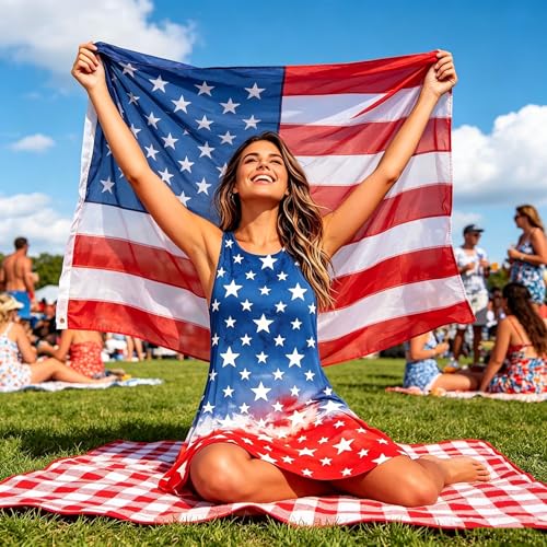 Image of Roshop Womens Juneteenth Flag Sleeveless Dress 4th of July Patriotic Swing Sundress with Pockets