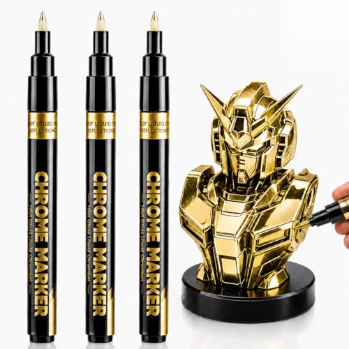 HOTU Liquid Gold Chrome Paint Markers, 3 Pack 0.7mm Extra Fine Mirror Chrome Paint Pens for Metal, Plastic, Models, Jewelry, Wheel Touch Up, Smooth Surfaces