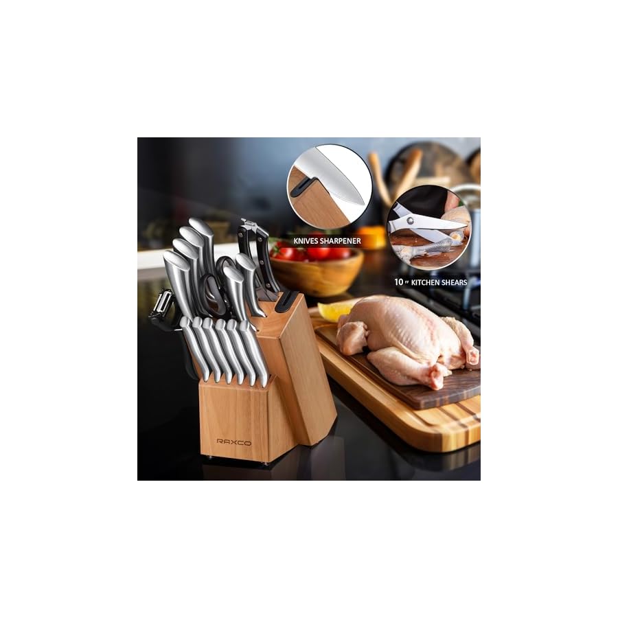 Raxco Kitchen Knife Set with Block & Built-In Sharpener, Stainless Steel Kitchen Knives, Dishwasher Safe, Oak（19-1）
