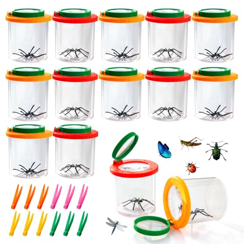 12 Sets Magnifying Insert Bug Viewer for Kids with Tweezers, Students Insect Box Bug Catcher Kit Bug Magnifier Container Bug Cage Bug Jar Kids Science Tool for Outdoor Adventure and School Field Trips
