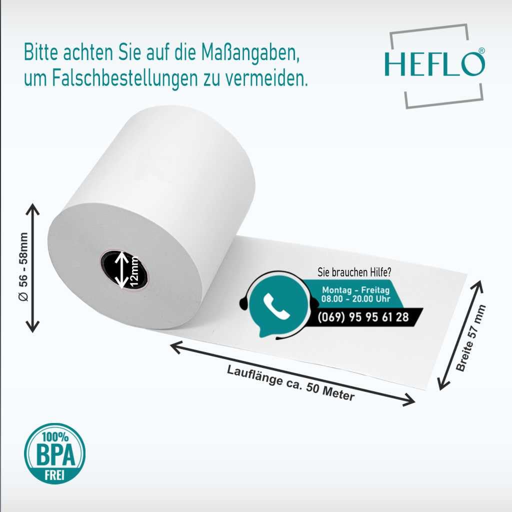Thermorollen 57 mm X 50 m lang, Ø 59 mm 48 g BPA freies Thermopapier mit Endmarkierung, z. B. für Quorion QTouch 8, Olympia CM 911 / CM 912, Olympia CM 941, Star TSP-212-24 / TSP-242-24 u. v. a.