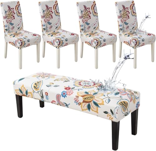 HAOYONG Waterproof Dining Room Chair Cover Set Printed Chair Slipcover Washable Parsons Chair Slipcover Removable Seat Protector for Dining Room Hotel Restaurant - 4 PCS Chair Cover+1 PC Bench Cover