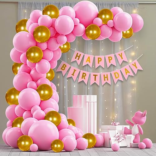 Image of Party Propz Happy Birthday Balloon Garland Decoration- 66Pcs Pack With Happy Birthday Paper Banner, Net Curtains & Pink and Gold Balloons Arch Kit For Girls,Kids, Baby, Wife Bday Decor Items