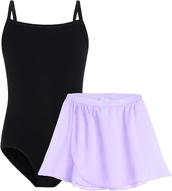 Dance Leotard for Girls Camisole with Purple Chiffon Wrap Skirts Set Size 3t 4t Black Ballet Undershirt Toddler Kid Breathable Summer Cotton Top