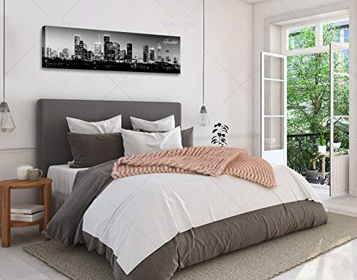 Image of DJSYLIFE Black & White Houston Skyline Canvas Wall Art 13.8 inch x 47.3 inch | Panoramic Skyline Print, Ready to Hang for Bedroom, Office, Living Room Decoration