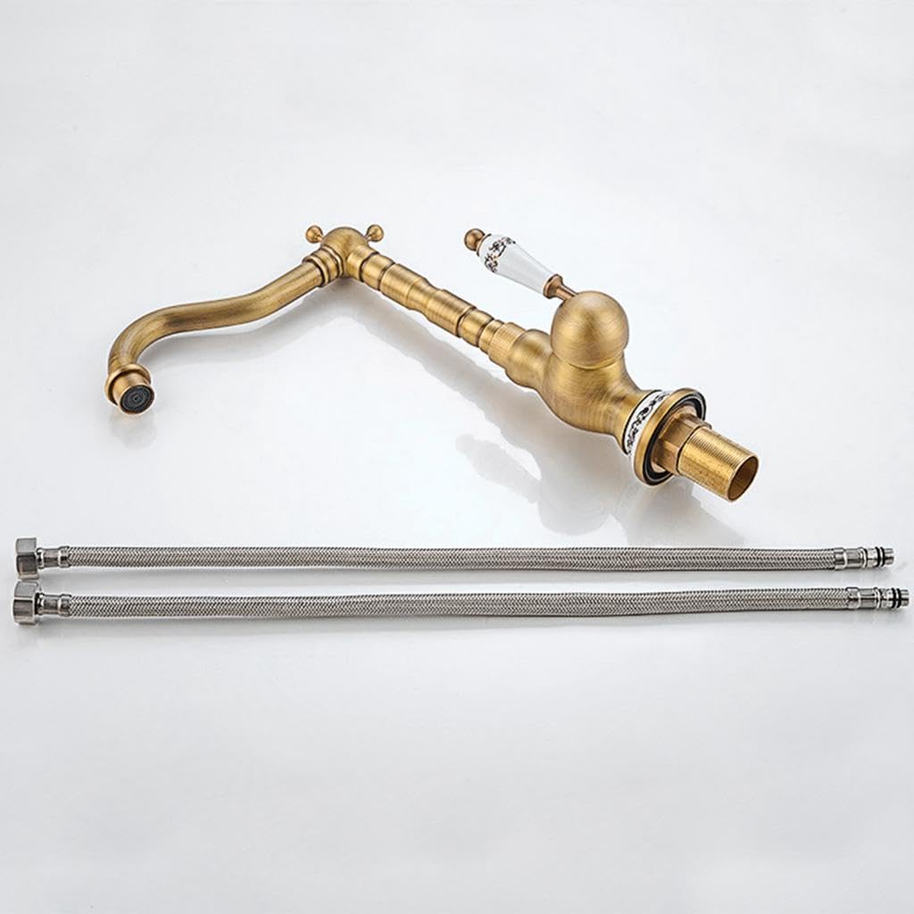 Grifo de cocina de latón antiguo grifería de lavabo de bronce retro monomando de fregadero de cocina giratoria de 360° grifo de baño con mango de cerámica