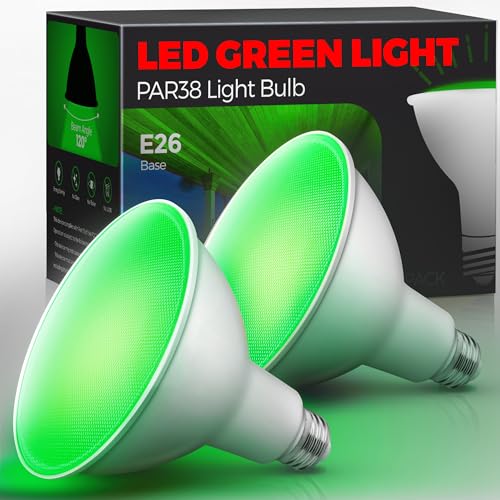 Image of L LOHAS LED PAR38 Green Flood Light Bulbs, Christmas Pure Green LED Flood Light Outdoor 120W Equivalent, 15 Watt Colored Porch Light Bulb E26 Base for Home Holiday Lighting Party Decoration, 2 Pack