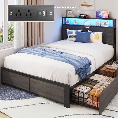 PHGLL Twin Bed Frame with 2-Tier Storage Headboard Twin Size Metal Bed Frame with 2 Storage Drawers 3-in-1 Charging Station & RGB LED Noise-Free/Metal Support/No Box Spring Needed Rustic Grey