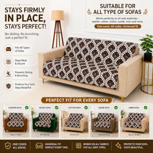 Image of Homerz Premium Printed Quilted Velvet Sofa Slip Cover Protector, Sofa Mat, Exact Size, Antislip Cover (Botanica, 5 (3+1+1) Seater, Full)