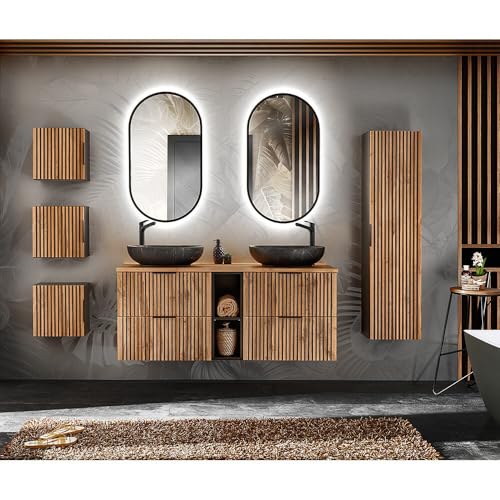 Lomadox Badezimmer Komplett Set 7-teilig schwarz gerillt Doppelwaschtisch 141 cm mit Regal Aufsatzwaschbecken LED Spiegel 3 Hängeschränke Hochschrank anthrazit mit Eiche Nb. Lomadox Badezimmer Komplett Set 7-teilig schwarz gerillt Doppelwaschtisch 141 cm mit Regal Aufsatzwaschbecken LED Spiegel 3 Hängeschränke Hochschrank anthrazit mit Eiche Nb.