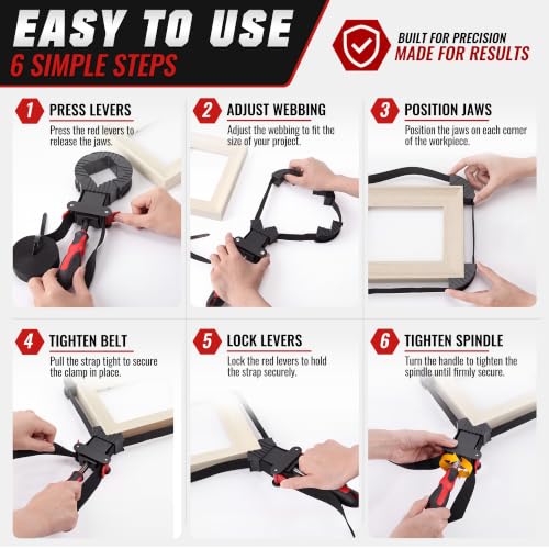 Image of Feekoon 2 Pack 13 FT Belt Band Strap Clamps for Woodworking, Quick Release Band Clamps with 4 Corner Claws, Thick and Sturdy Belt Clamp, Adjustable Picture Frame Clamp Tool (Red)