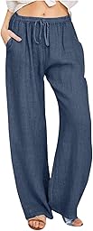 Cotton Linen Pants for Women Summer Drawstring Wide Leg Trousers High Waist Casual Palazzo Pants with Pockets