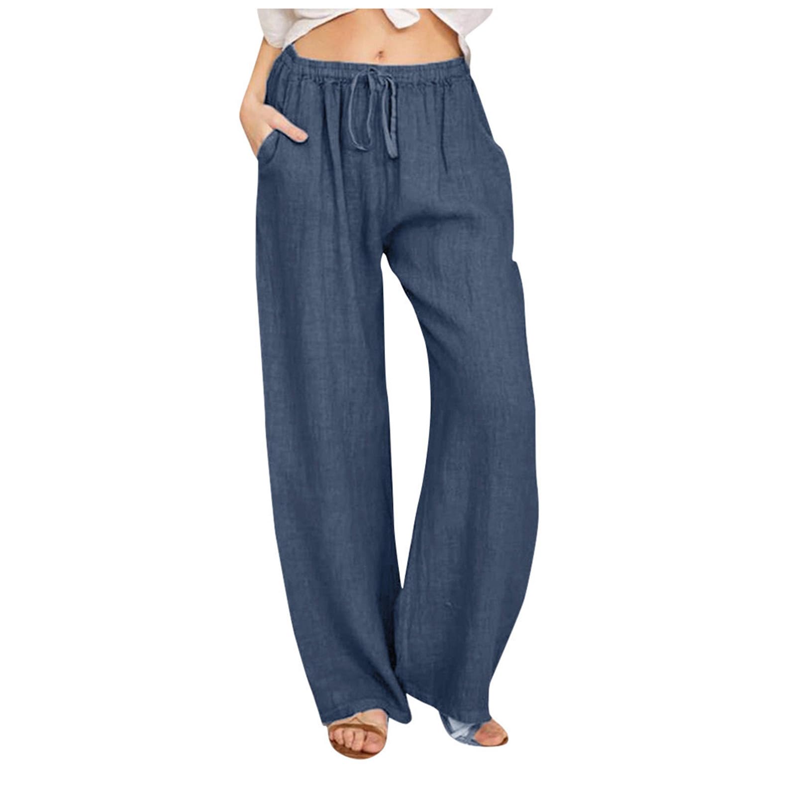 Cotton Linen Pants for Women Summer Drawstring Wide Leg Trousers High Waist Casual Palazzo Pants with Pockets - 1