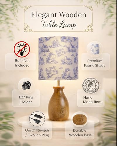 Image of Homesake Wooden Table Lamp Bedside & Living Room Lamp | E27 Holder, Bulb Included | Warm Light | Desk Nightstand Light, Decorative Lamp for Bedroom, Study & Home Decor (KD Blue Printed Drum)