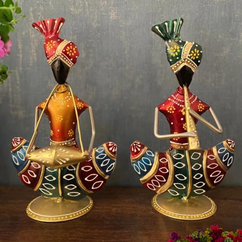 Image of Rajasthani Musician Figurines Set of 2 | Handcrafted Metal Showpiece | 5 x 2 x 9 Inch | Traditional Home Decoration Items for Living Room | Ethnic Table Decor & Gift Item