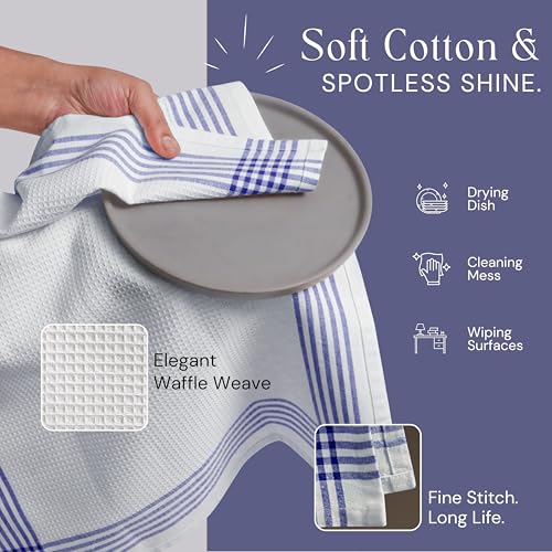 Image of Waffle White & Multi Colors Kitchen Towels Set of 12, 100% Cotton, 16x26 inches, Durable Dish Towel, Quick Dry Dishcloths, Ideal for Drying, Wiping - Indigo Blue, Red, Dark Green