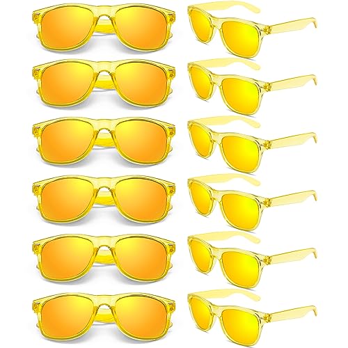 12 Pack 80s Neon Party Sunglasses Bulk, Fun Clear Yellow Frame Mirror Sunglasses Set for Women Men Party Favors