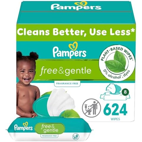 Pampers Free & Gentle Baby Wipes, 99% Water, Hypoallergenic, Unscented, 100% Plant Based, Plastic-Free Baby Wipes, 624 Baby Wipes Total (8 Flip-Top Packs) Cover