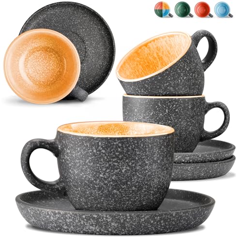 Cosumy Set de 4 Tazas de Espresso con Platillos - 90 ml de Cerámica - Juego de Café Moderno - Gres Grueso con Esmalte Reactivo Hecho a Mano - Mantiene el Calor por Más Tiempo (Amarillo)