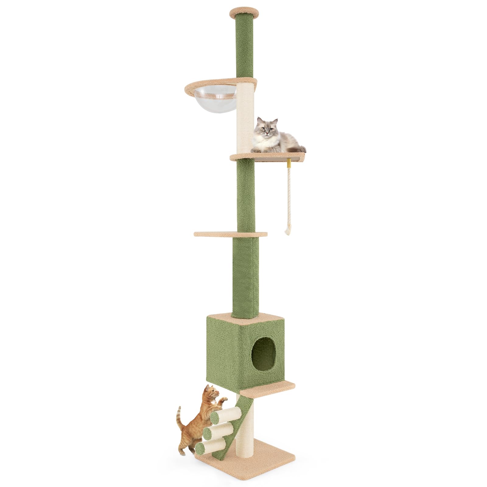 GOPLUS Árbol para Gatos de Piso a Techo, Torre para Gatos de 218-253 cm de Altura Ajustable con 2 Postes Adicionales, Postes Rascadores de Sisal, Centro de Juegos para Gatitos de 5 Niveles