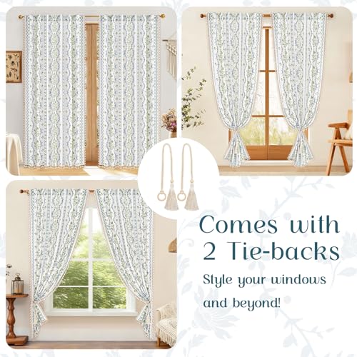 Image of Yinhua Boho Curtains for Living Room 84 Inch Length Vintage Linen Curtains for Bedroom Light Filtering Window Curtain Rod Pocket & Back Tabs Rustic Tassel Drapes with Tiebacks, Blue Green Floral