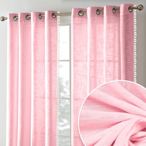 Image of THE LINEN COMPANY Cotton Sheer Grommet Curtains with Side Border Pompom Sheer Curtain for Long Door, Sun Light Filtering, Pack of 2 (Baby Pink, 8 Feet)