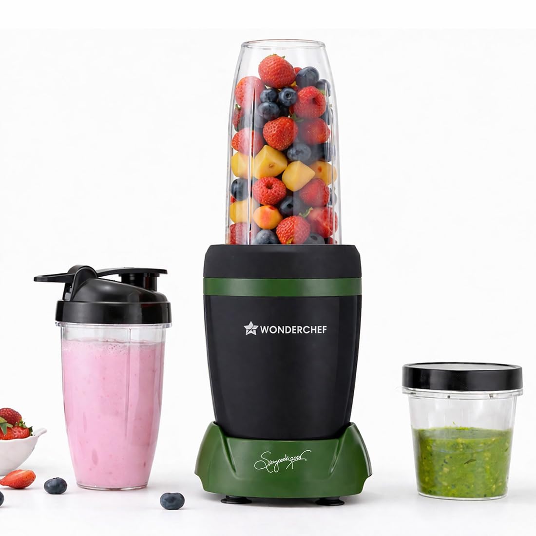 Wonderchef Nutri-Blend Turbo 750W Mixer Grinder Blender Smoothie Maker, 22000 RPM, 3 Jars, Stainless-Steel Blades, Sipper Jar & Lid, FREE Recipe Book by Chef Sanjeev Kapoor, Black & Green