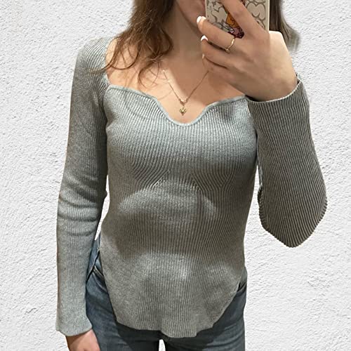 Image of Women's Square Neck Ribbed Knitted Sweater Long Sleeve Crop Slim Fitted Basic Pullover Tops