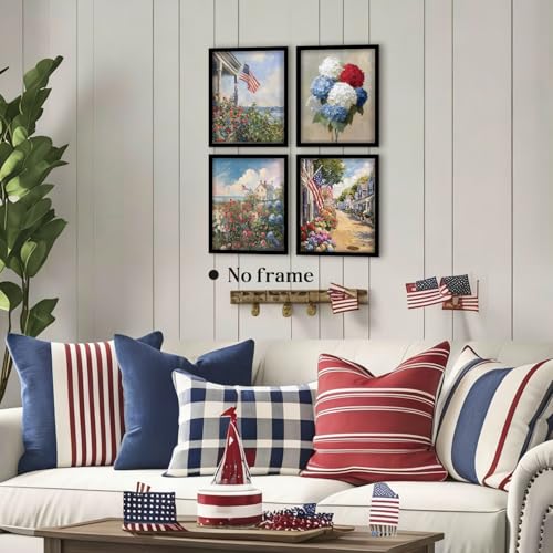 Image of WEFKODO Vintage Patriotic Decor Wall Art Prints 4Pcs, Retro Hydrangea Floral America Flag Pictures Wall Decor, Patriotic 4th of July Decorations for Home Bathroom Bedroom Set of 4, 8x10 Inch Unframed
