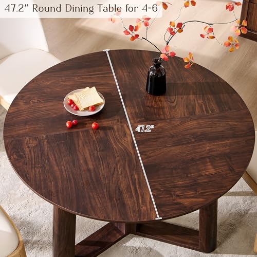 OKD 47\" Dining Table for 4-6, Round Dining Room Table with Triangular Structure Pedestal Stable Base, Curved Table Edge, Circle Kitchen Tables for Dining Room, Kitchen, Dark Walnut - Thumbnail 5