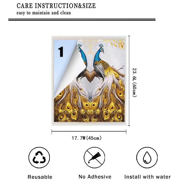 Watercolor Peacock Decorative Blackout Window Film - Gold Feather Peacock Floral Flower Art Pattern, 17.7Wx23.6L-Inch X1Pcs