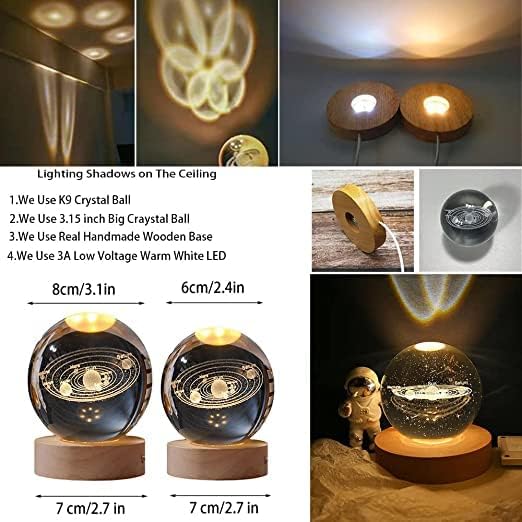 Image of 3D Solar System Crystal Ball Night Light Dimmable Warm White Night Lights Wooden Base Fantasy Decoration Crsytal Ball Nightlight - Led