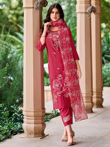 Image of INDO ERA Women's Embroidered Silk Blend Calf Length Straight Kurta Trouser With Dupatta Set (IEOUT7589)