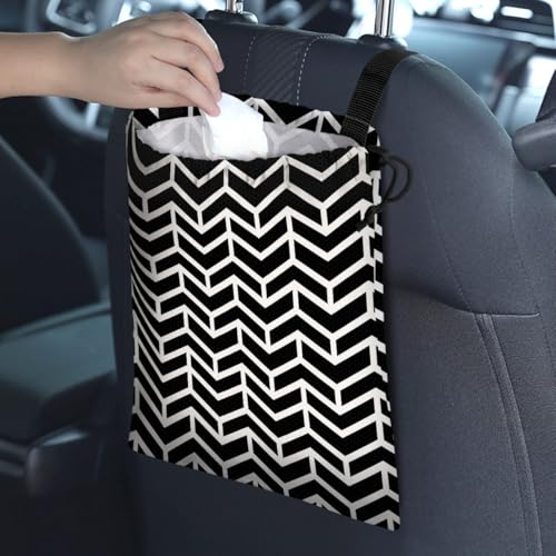 Image of Car Trash Bag Hanging Back of Seat Waterproof Small Cute Printed One-Handed Strap Drawstring Garbage Bags for Car-Black White
