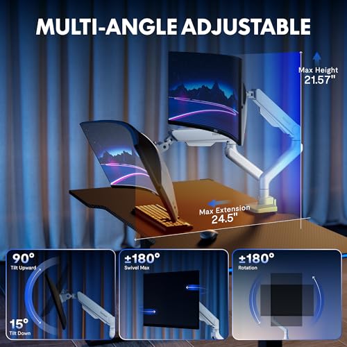 Image of FlexiSpot Ultrawide Monitor Arm, Monitor Stand for 17 to 49 inch Screens Holds up to 44 Lbs, Adjustable Gas Spring Arm with C Clamp & Grommet Base for Gaming Office, 75 /100 VESA Mount, White