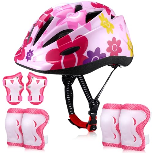 Relaxweex 7 Pcs Kids Helmet Adjustable for Kids Ages 3-8 Years Old Girls Boys Toddler Helmet with Protective Sports Gear Set Knee and Elbow Pads Wrist Guards Protect Set(Pink,Flower)