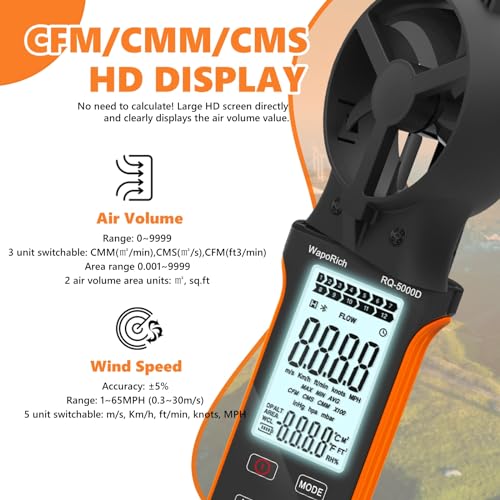CFM Airflow Meter HVAC Anemometer Handheld, WapoRich Wind Speed CFM Meter Rechargeable Measure 0~999900CFM/CMS/CMM Air Volume - Image 2