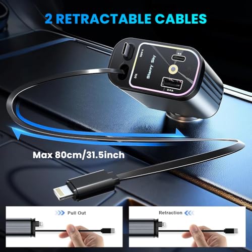 Image of STHIRA 120W 4-in-1 Retractable Car Charger, Super Fast Charging, 31.5 Inch Retractable Cables, Dual USB Ports, Mini RGB Light,Compatible with iPhone, iPad