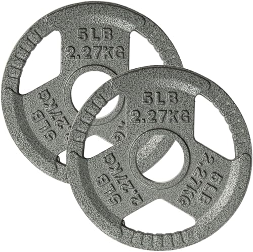 Yes4All Tri-Grip - Discos de peso olímpicos de hierro fundido, adecuados para ejercicios de barra, entrenamiento de fuerza, flexibilidad, 5 libras (par)