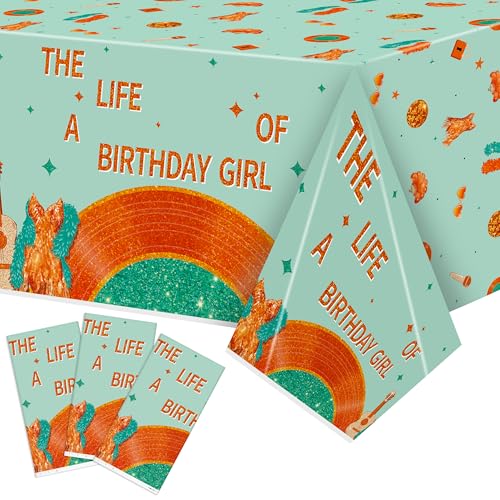 Andi Cppss Singer Music Plastic Tablecloth - 3PCS The Life of A Birthday Girl Table Cover Green Orange Print Plastic Disposable Rectangle Table Cover for Girls Birthday Party Supply (51.2 x 86.6 Inch)