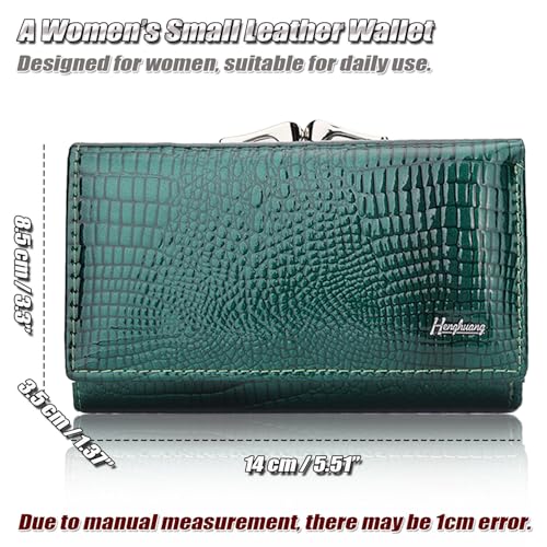Genuine Patent Leather Trifold Wallet for Women - Compact Kiss-lock Coin Purse with Crocodile Embossed Texture, RFID-blocking Card Holder - 8 Card Slots | ID/Photo Window - Green3