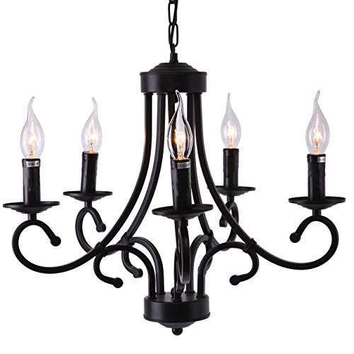 Ridgeyard Réglable Lustre Baroque Avec Pampilles 5 Branches Acrylique Vintage Noir Industriel Vintage Luminaire E14 Éclairage de Suspension Pour Salon Cuisine Chambre