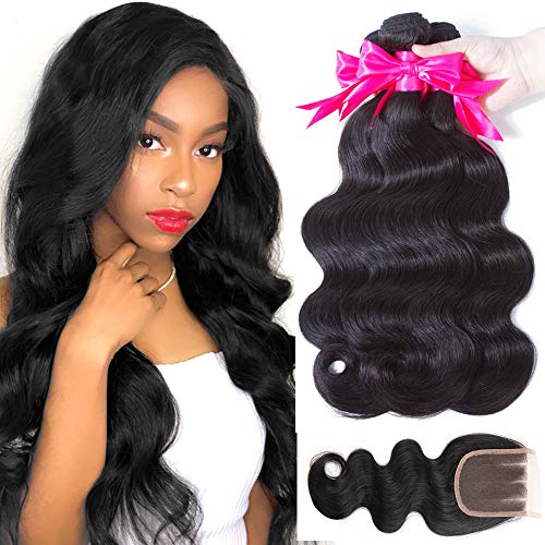 Funky girl Brazilian Human Hair Bundles with Closure Virgin Hair Extensions 3 Part Lace Closure with 3 Bundles Body Wave for Black Women Natural Color 22 24 26 + 20