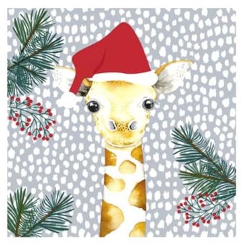 Set of 2 Individual Decoupage Paper Party Napkin Christmas Giraffe Santa Watercolor Decor Luncheon Napkins for a Birthday Holiday, Wedding, Cocktail Party