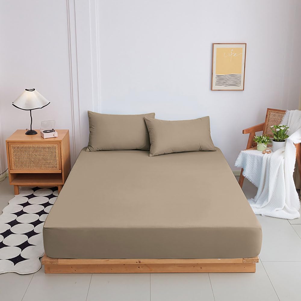 Highdi Fitted Sheets Deep Pocket 20cm, Sheet Bedding washable Sheets Linens Ultra Soft Easy Care Fade Resistant for Single Double King Size Bed (Khaki,180x200+20cm)