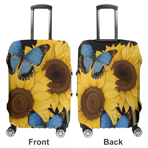 Yellow Sunflowers With Blue Butterflies Printed Luggage Cover Protector, Fits 18-32 Inch Luggage3