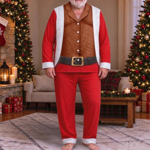 Mens Christmas Pajamas Set Funny 3D Fake Chest Santa Button Down Loungewear - image 3