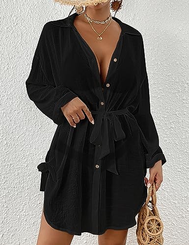 Bsubseach Sexy Beach Cover Ups for Swimwear Women Belted Shirt Dress Button Down Swimsuit Coverup Black3